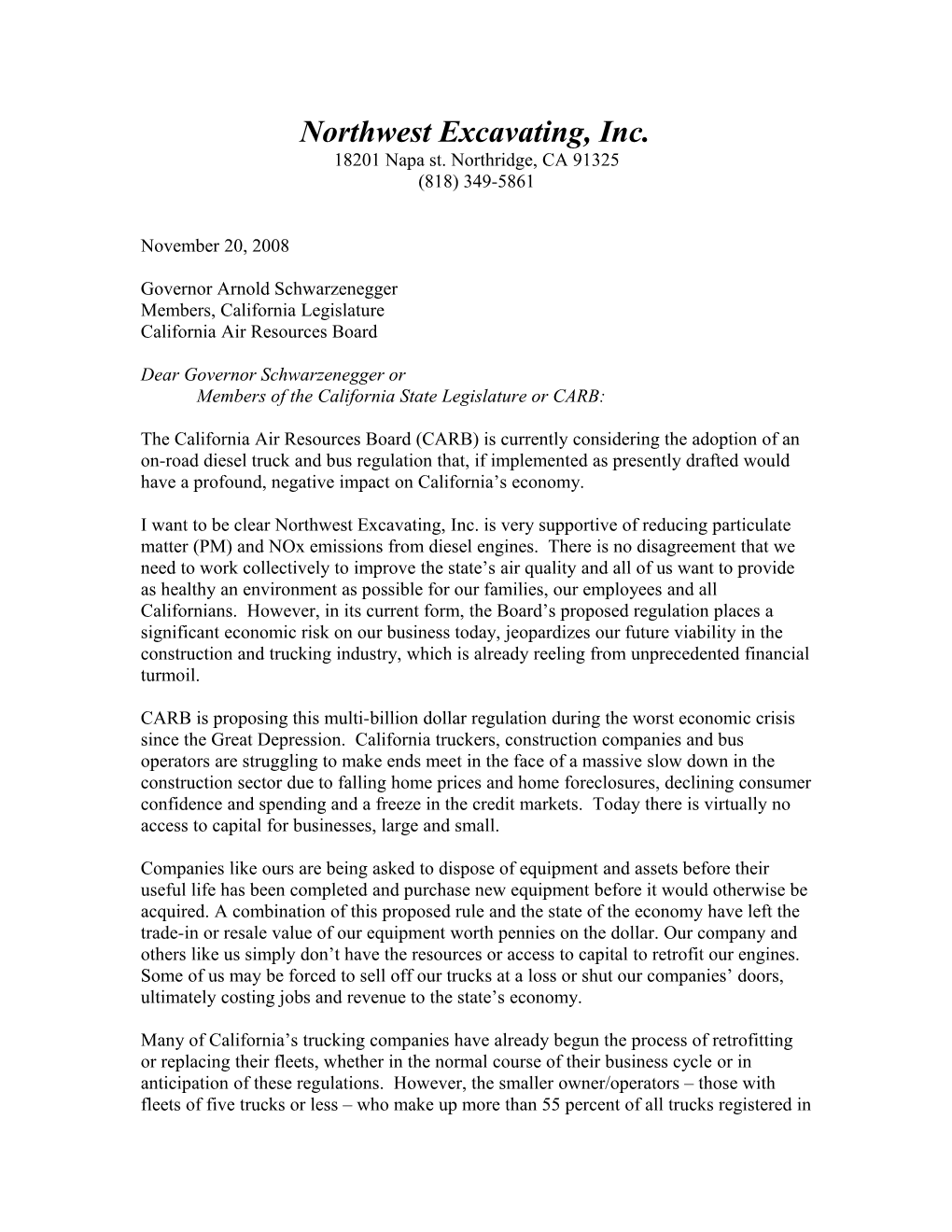 Sample Letter to Governor Schwarzenegger, Carb & Legislators