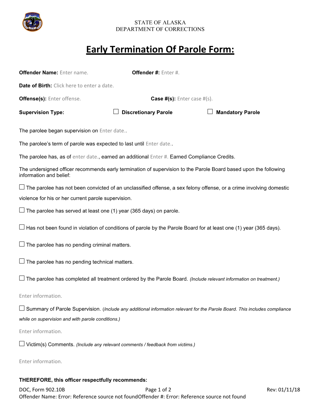 Early Termination of Parole Form