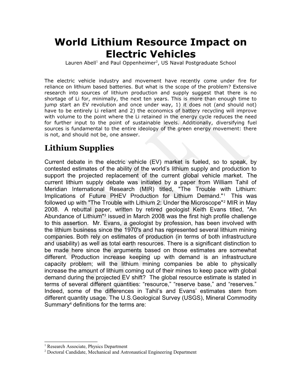 World Lithium Resource Impact on Electric Vehicles