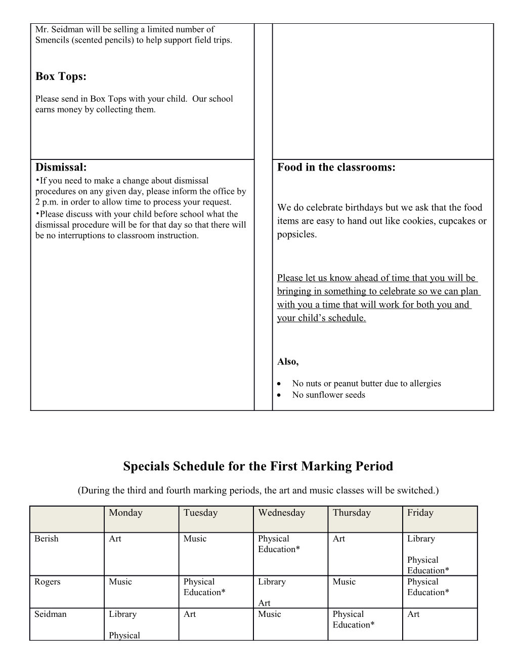 Specials Schedule for the First Marking Period s1