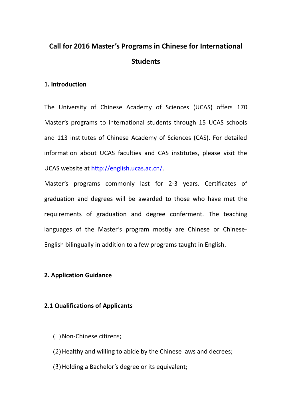 Call for 2016 Master S Programs in Chinese for International Students