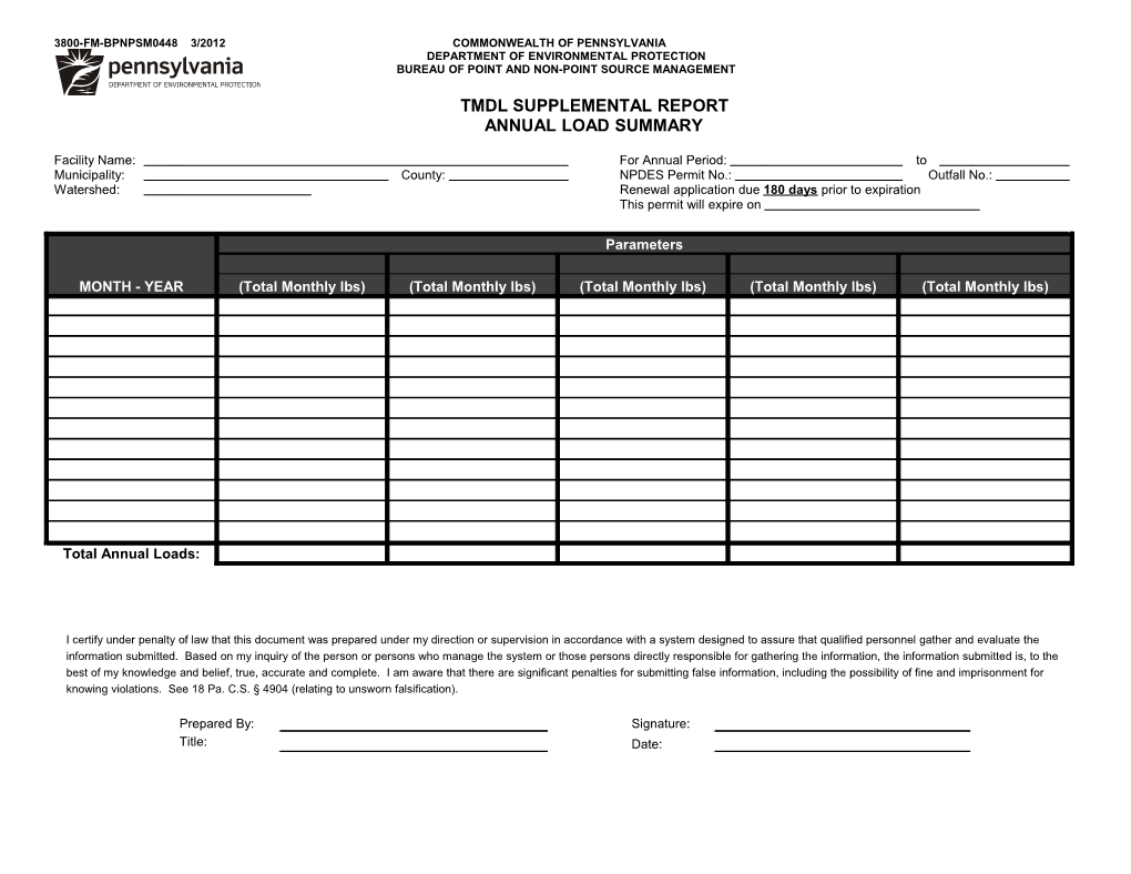 Use This Form to Document Annual Loads, Where Required by the Permit, for Situations Where