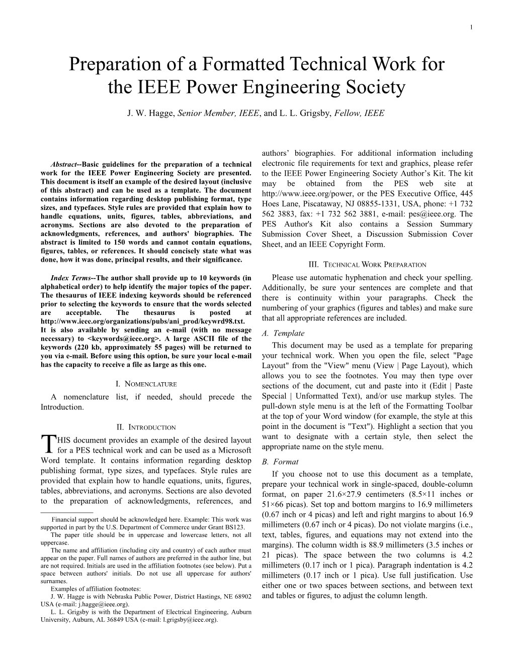 Preparation of a Formatted Technical Work for the IEEE Power Engineering Society
