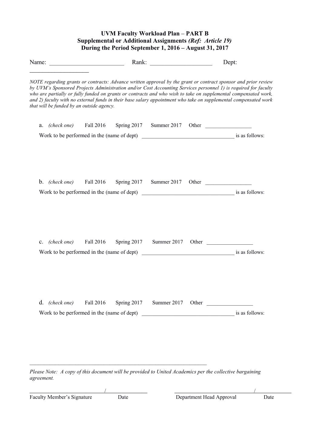 UVM Faculty Workload Plan PART B