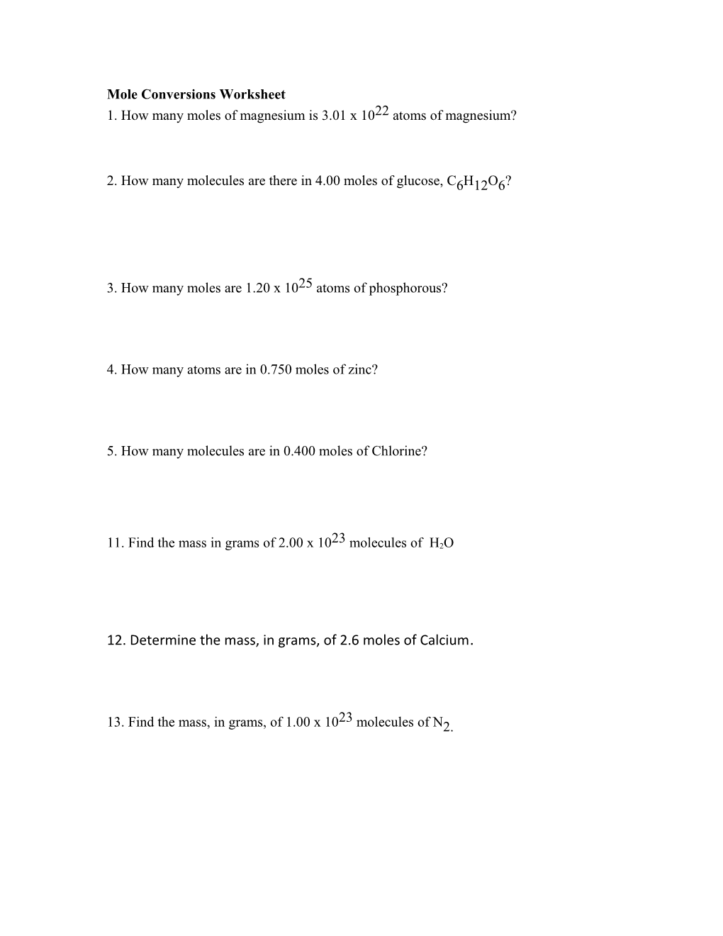 Mole Conversions Worksheet s1