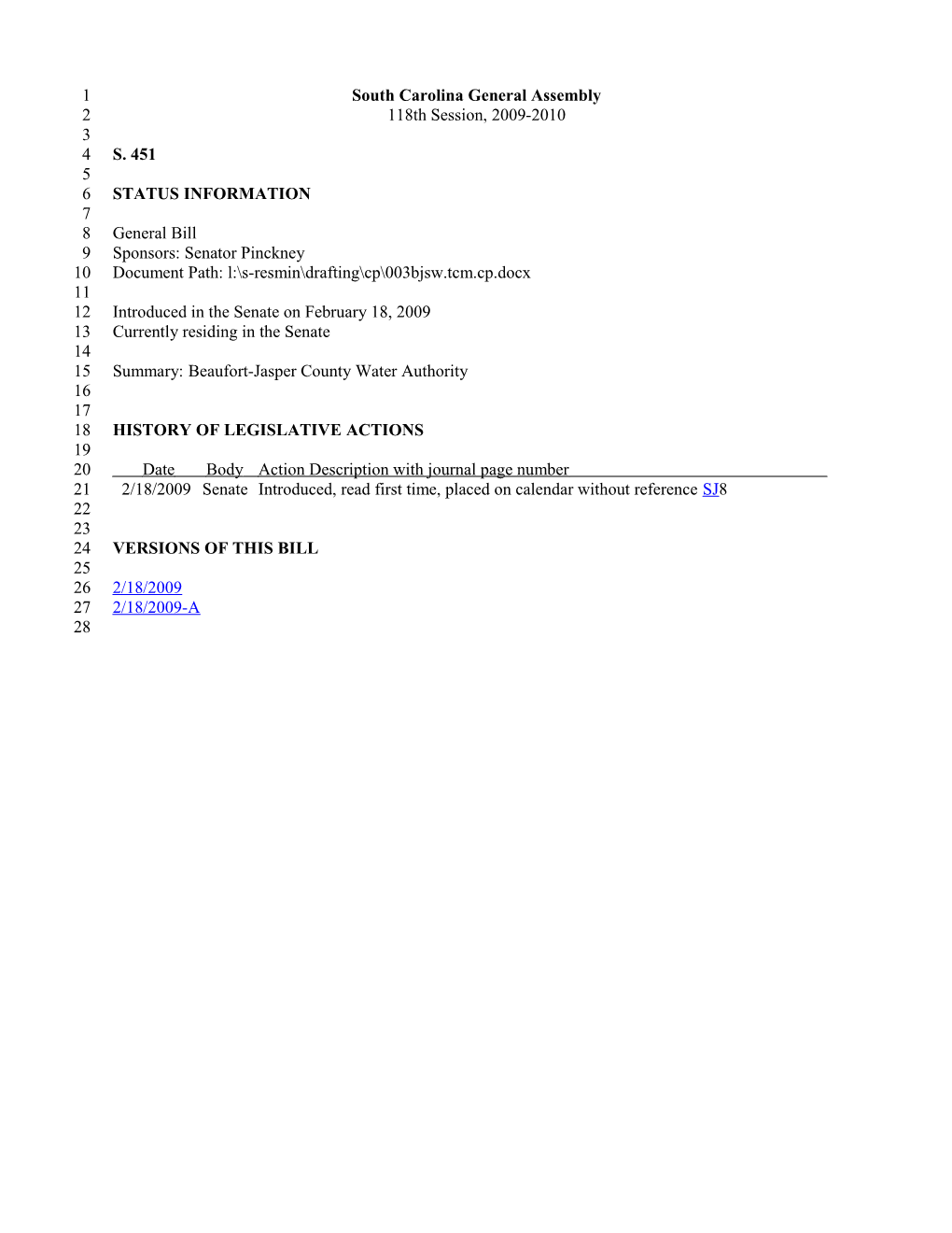 2009-2010 Bill 451: Beaufort-Jasper County Water Authority - South Carolina Legislature Online