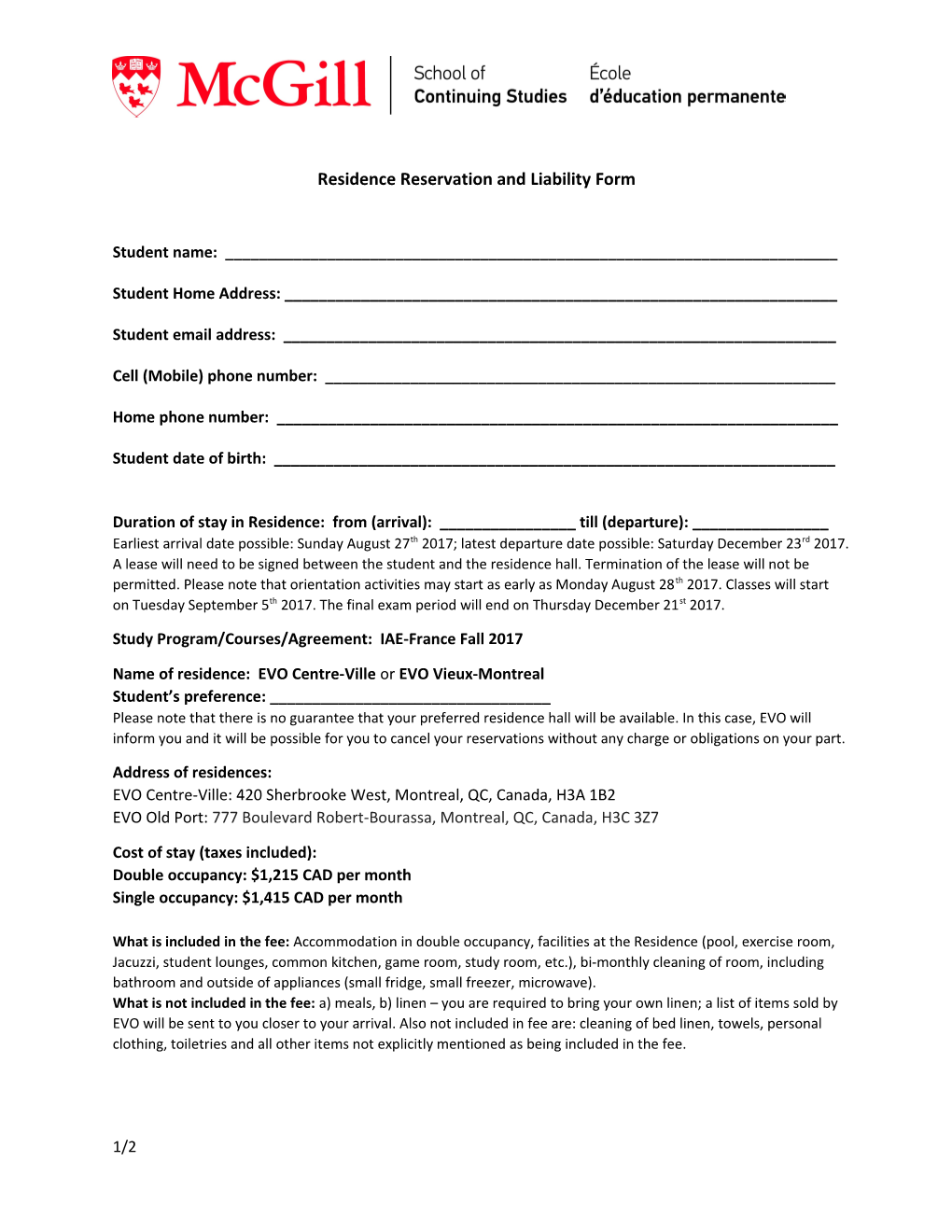 Residence Reservation and Liability Form
