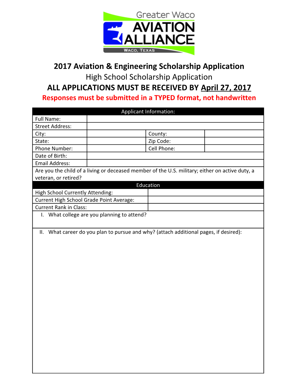 2017 Aviation & Engineering Scholarship Application