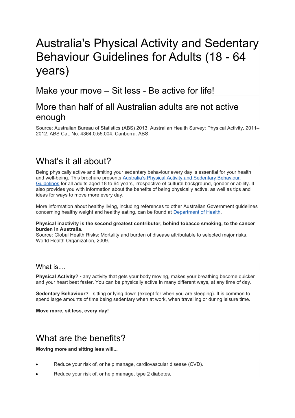 Australia's Physical Activity and Sedentary Behaviour Guidelines for Adults (18 - 64 Years)