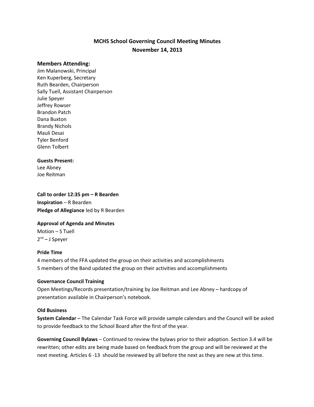 MCHS School Governing Council Meeting Minutes November 14, 2013