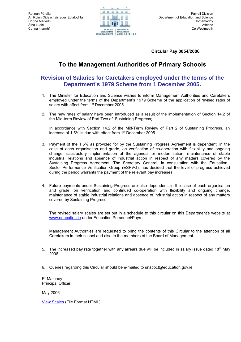 Circular 0054/2006 - Revision of Salaries for Caretakers Employed Under the Terms of The