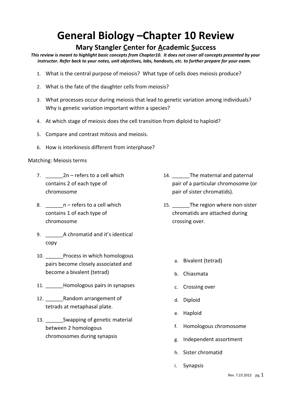 General Biology Chapter 10 Review