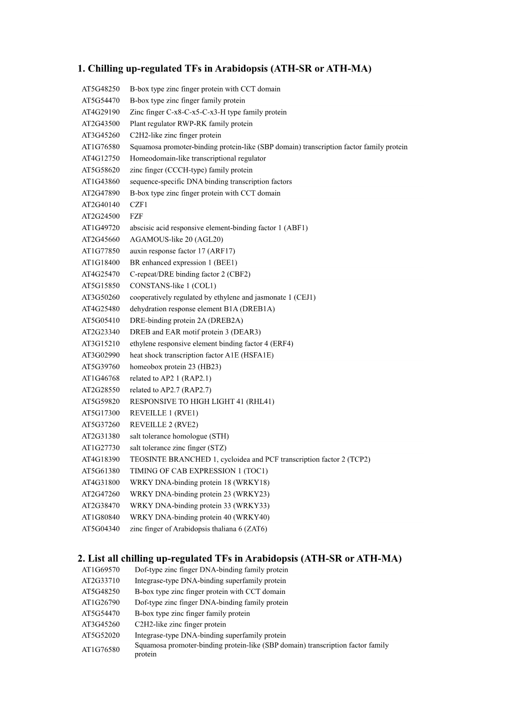 1. Chilling Up-Regulated Tfs in Arabidopsis (ATH-SR Or ATH-MA)