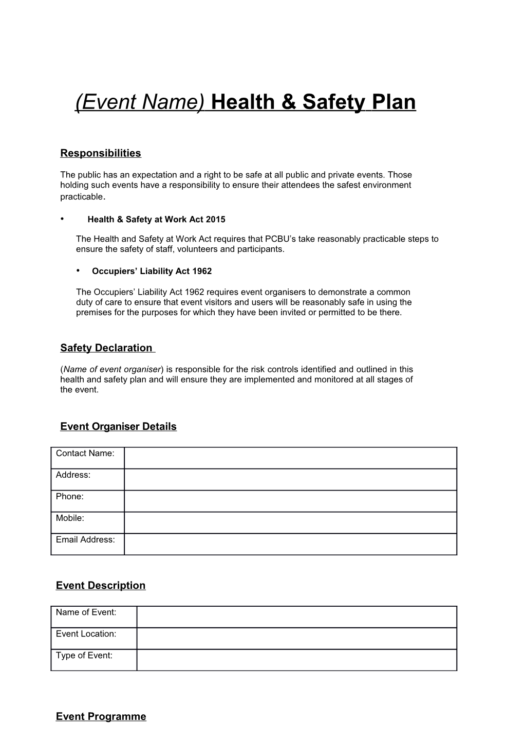 Heath and Safety Planning Template