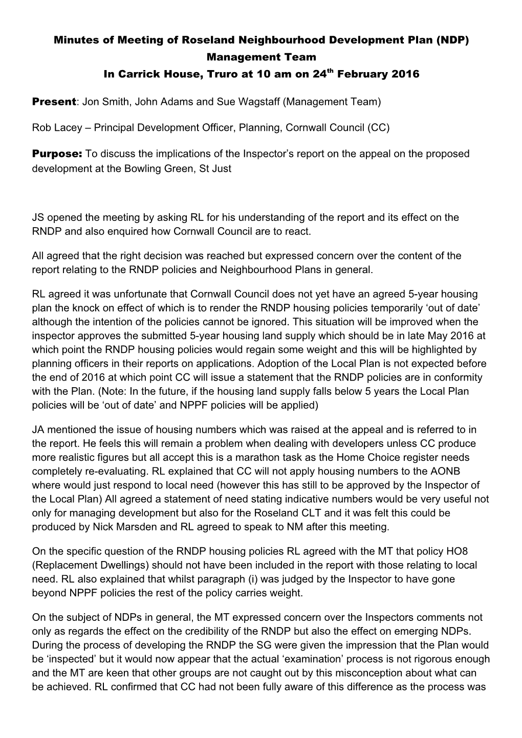 Minutes of Meeting of Roseland Neighbourhood Development Plan (NDP) Management Team