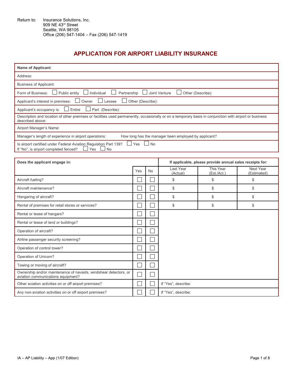 Applicationforairport Liability Insurance