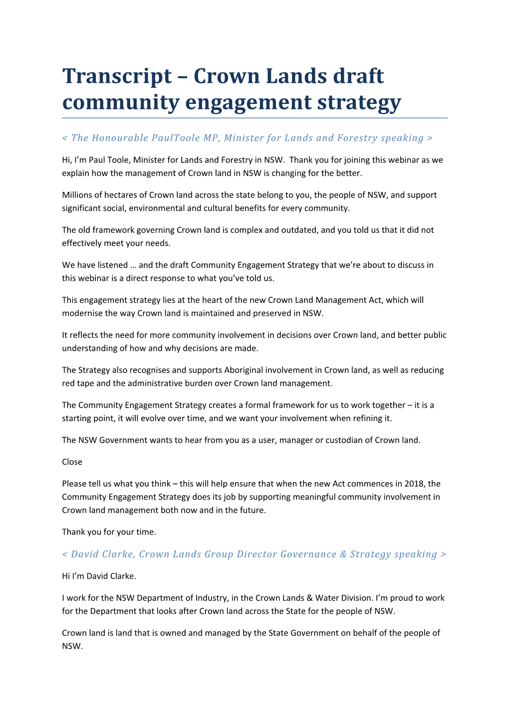 Transcript Crown Lands Draft Community Engagement Strategy