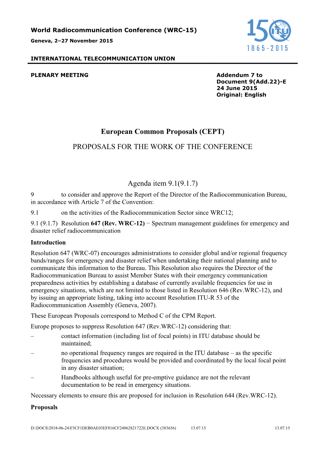 9.1 on the Activities of the Radiocommunication Sector Since WRC12; s1