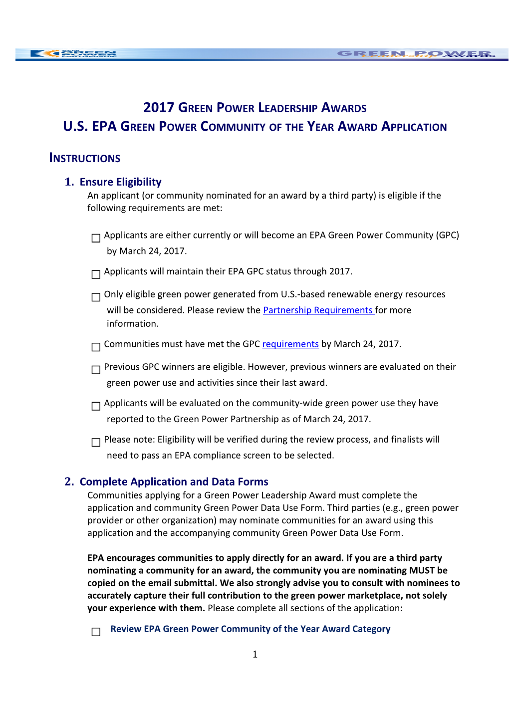 U.S. EPA Green Power Community of the Year Award Application