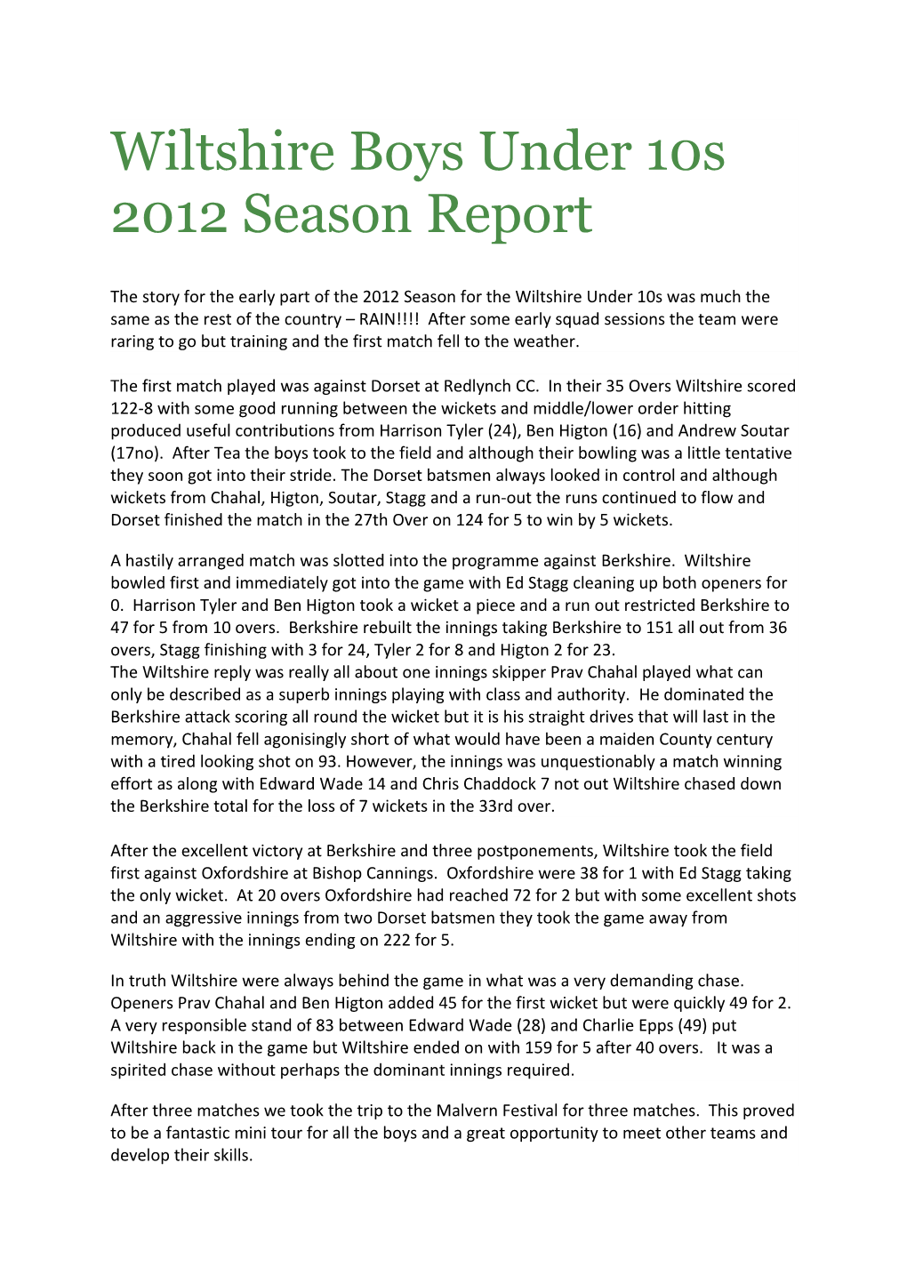 Wiltshire Boys Under 10S 2012 Season Report