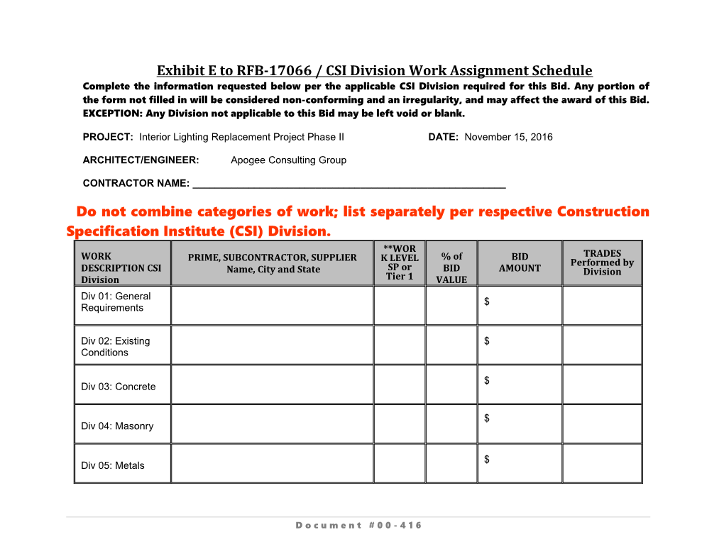 Exhibit Eto RFB-17066 / CSI Division Work Assignmentschedule