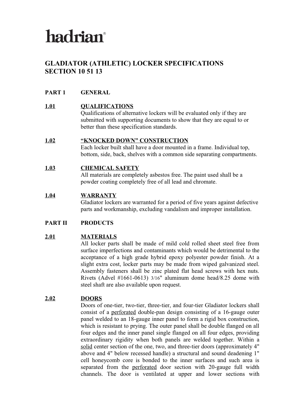 Gladiator (Athletic) Locker Specifications