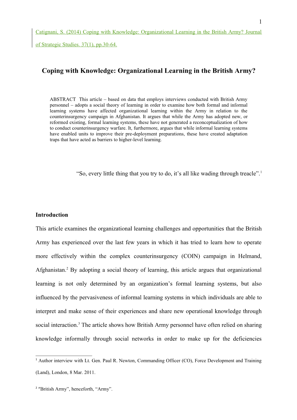 Coping with Knowledge: Organizational Learning in the British Army?