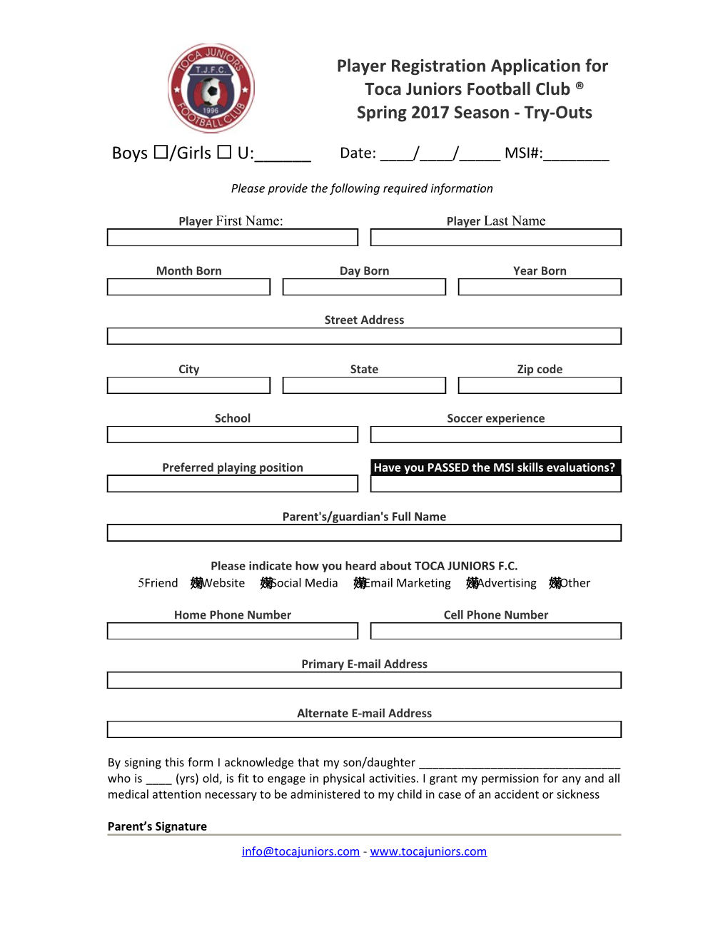 Toca Juniors Football Club Youth and Adult Soccer Tryout Player Registation Form