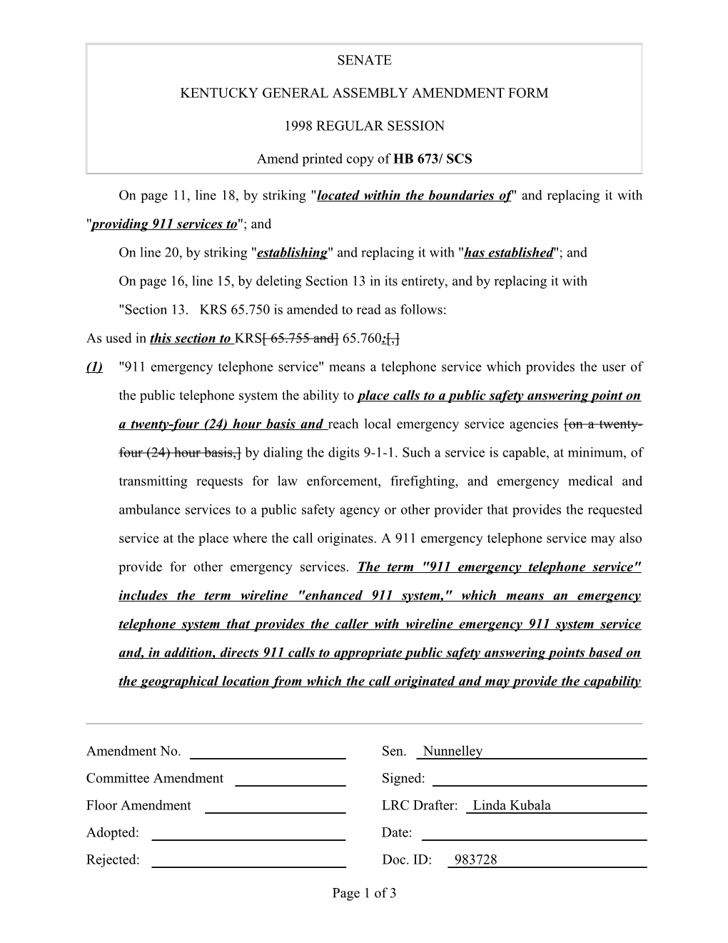 Kentucky General Assembly Amendment Form s1