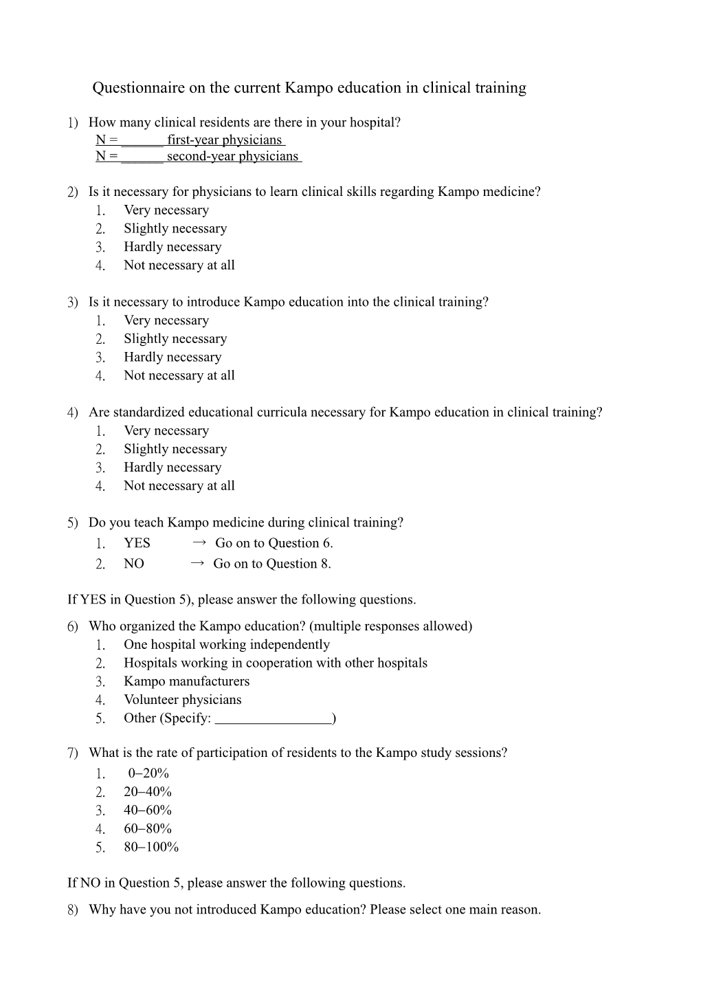 Questionnaire on the Current Kampo Education in Clinical Training