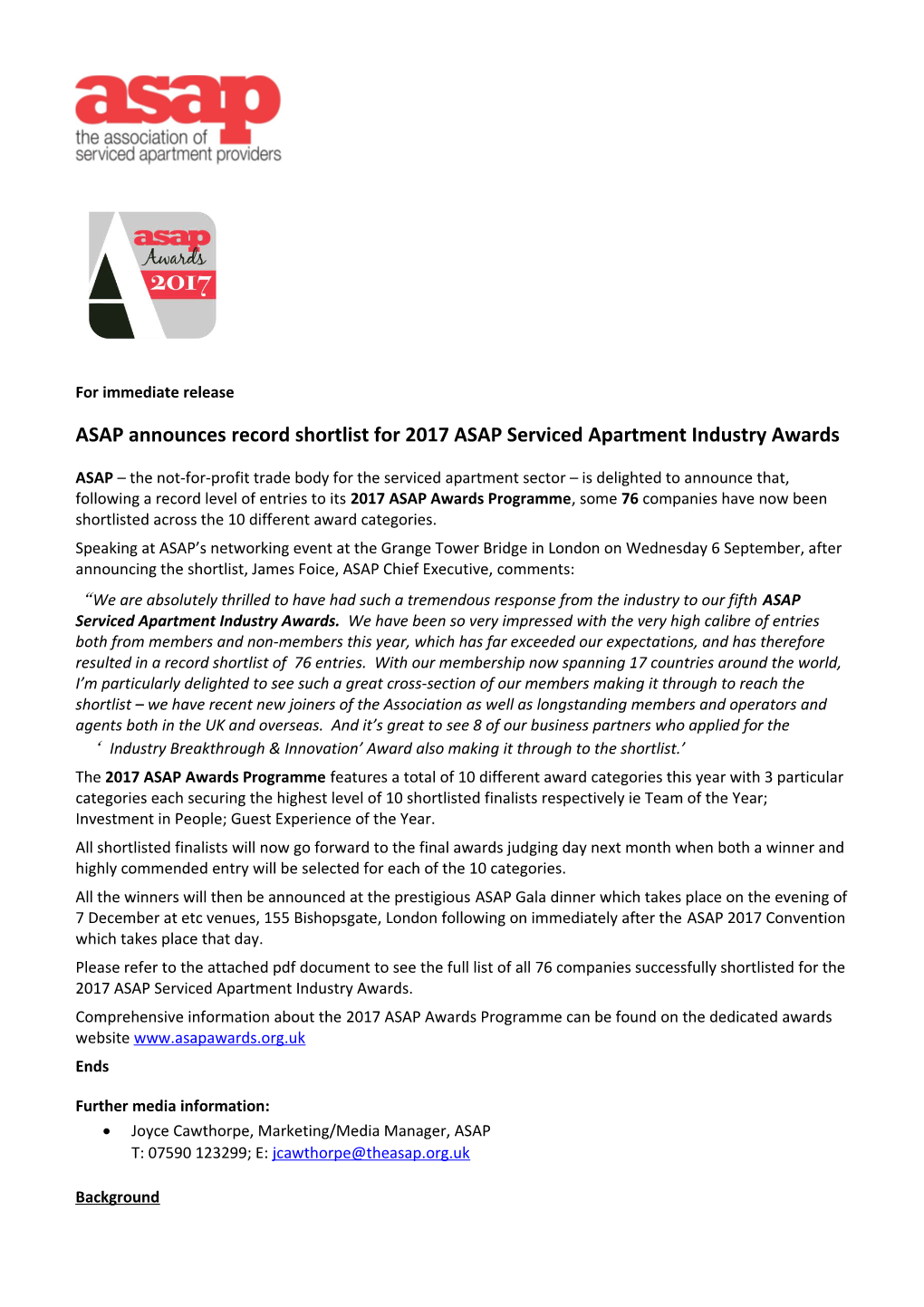 ASAP Announces Record Shortlist for 2017 ASAP Serviced Apartment Industry Awards