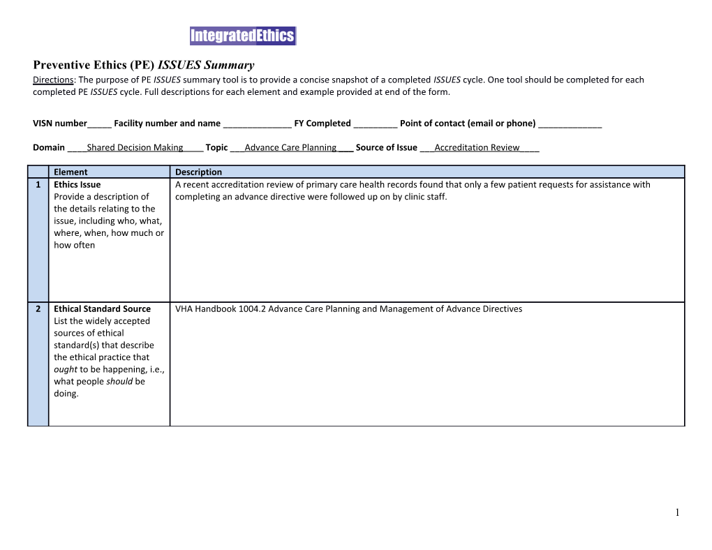 Preventive Ethics (PE) ISSUES Summary