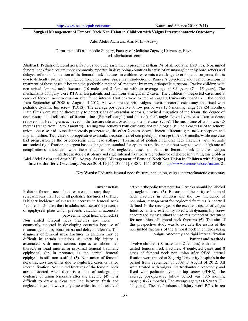 Surgical Management of Femoral Neck Non Union in Children with Valgusintertrochantericosteotomy