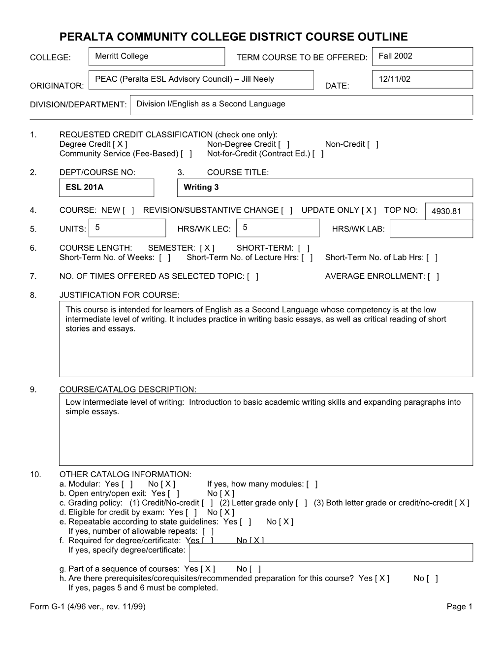 Peralta Community College District Course Outline s1