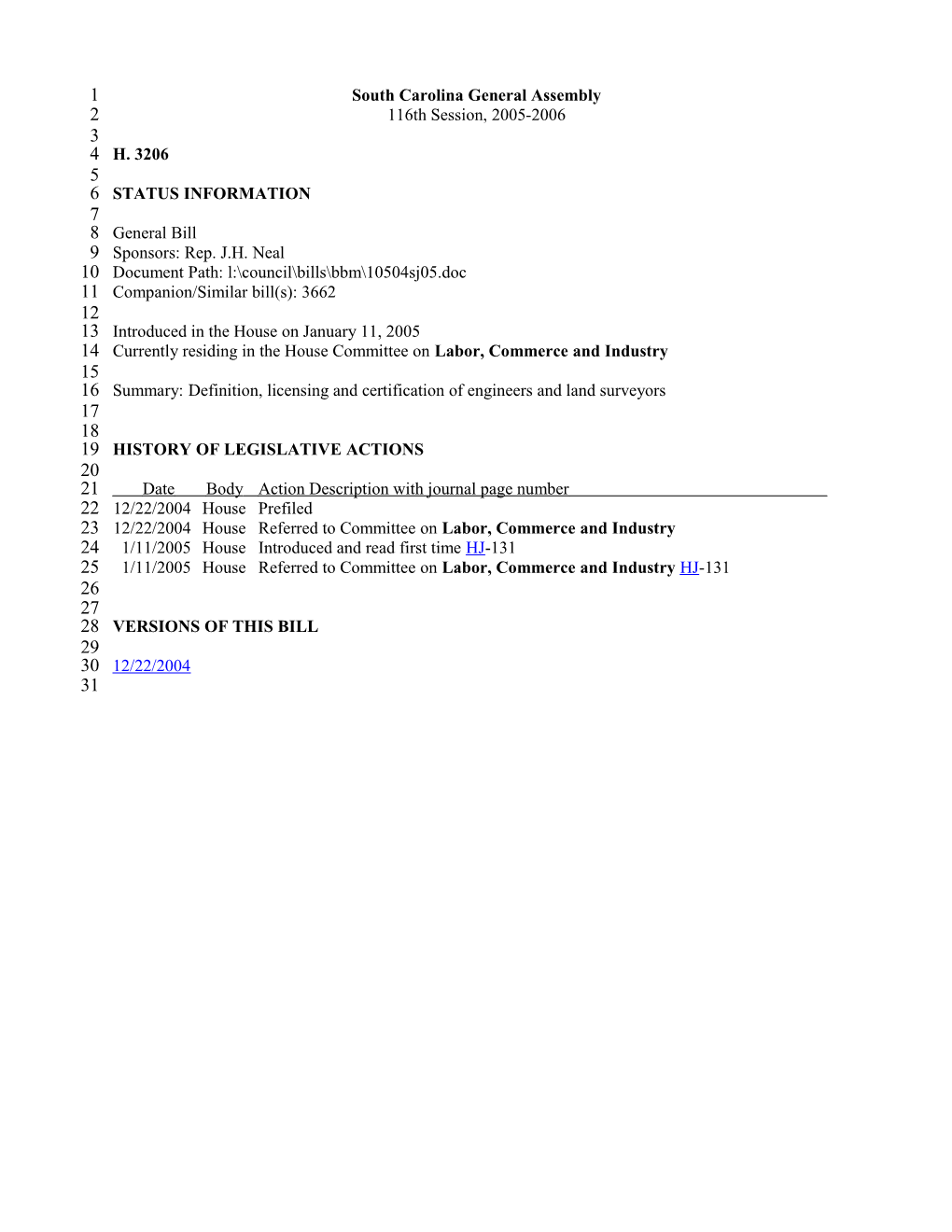 2005-2006 Bill 3206: Definition, Licensing and Certification of Engineers and Land Surveyors