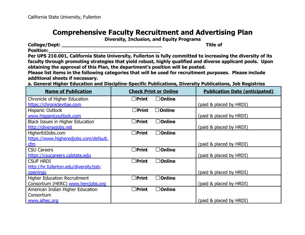 Comprehensive Faculty Recruitment and Advertising Plan Diversity, Inclusion, and Equity