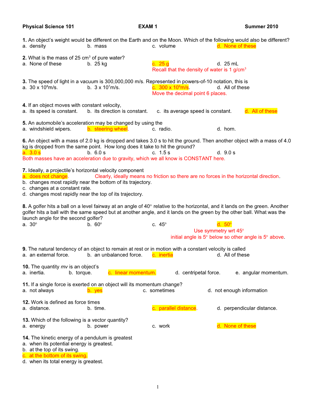 Physical Science 101 EXAM 1 Summer 2010