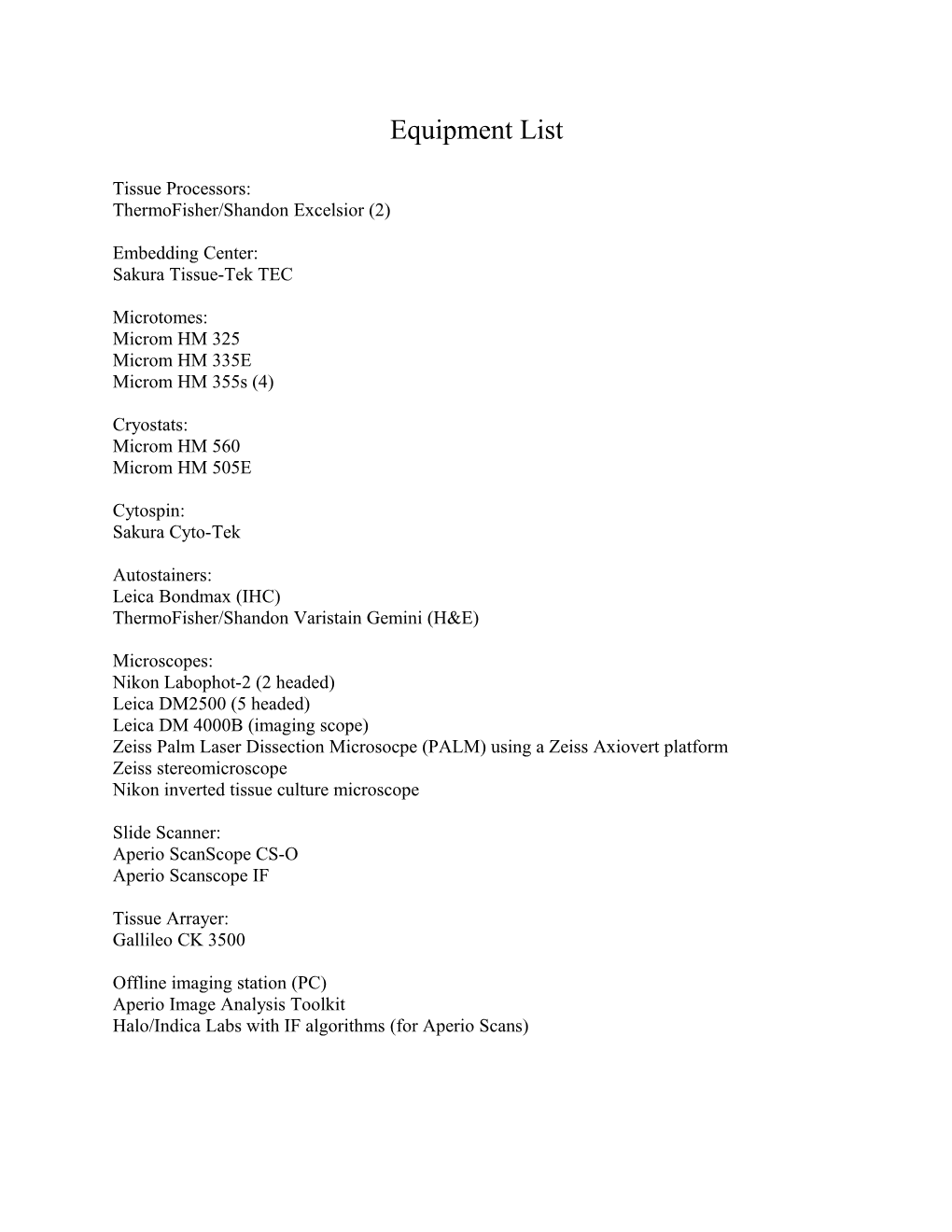 Equipment List