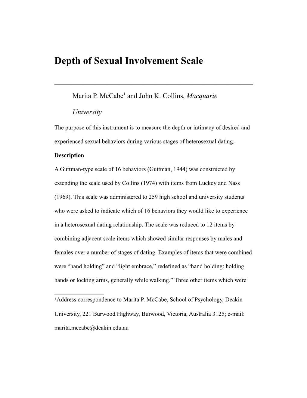 Depth of Sexual Involvement Scale