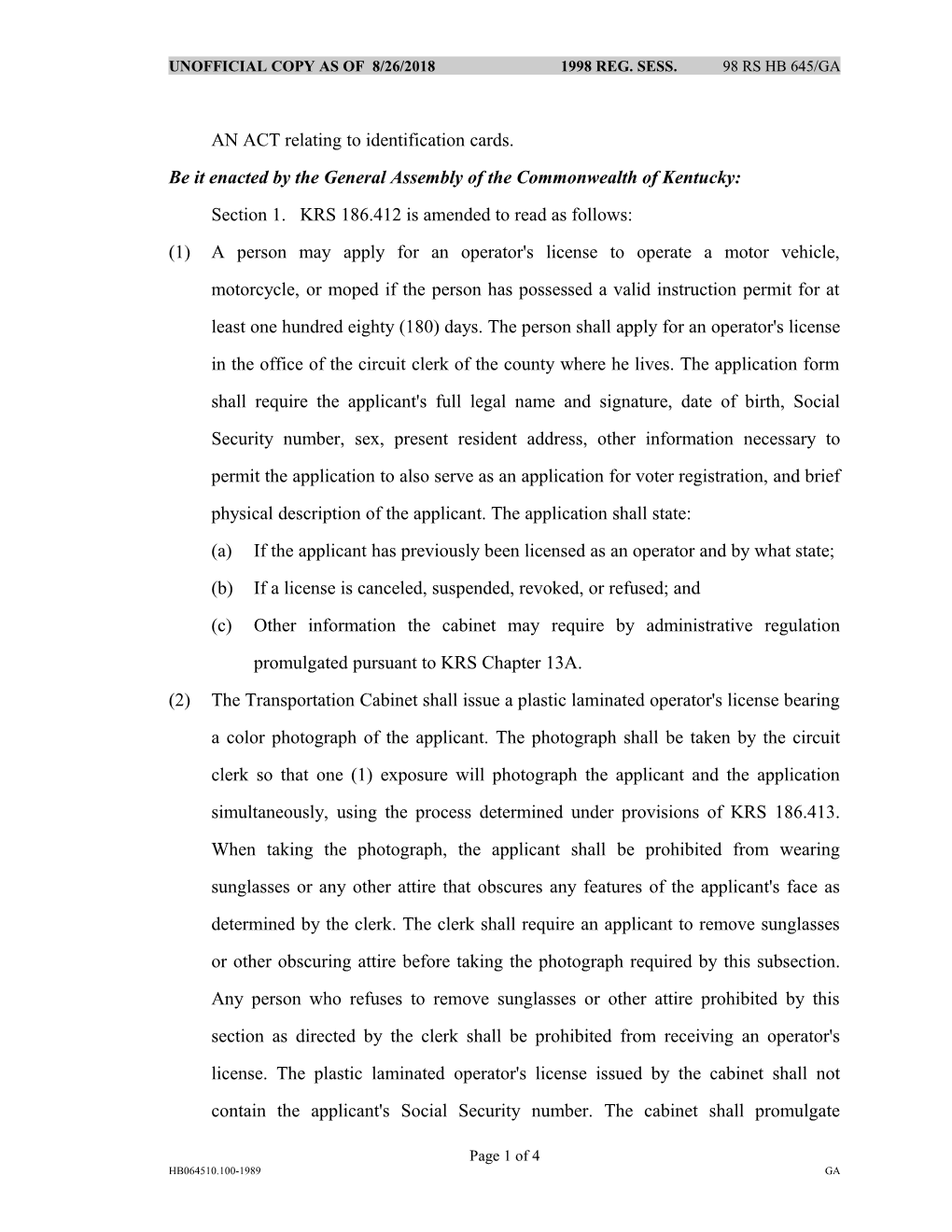 AN ACT Relating to Identification Cards