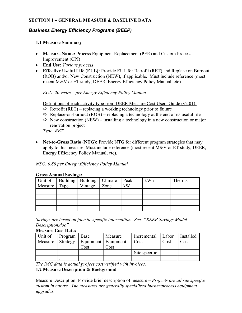 Section 1 General Measure & Baseline Data