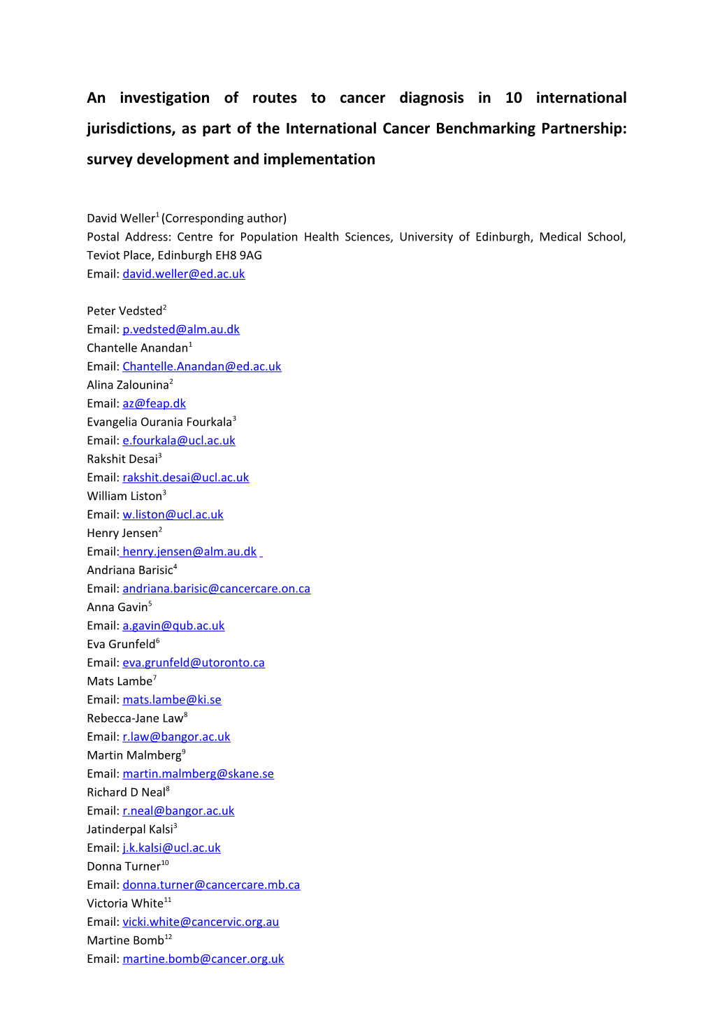 An Investigation of Routes to Cancer Diagnosis in 10 International Jurisdictions, As Part