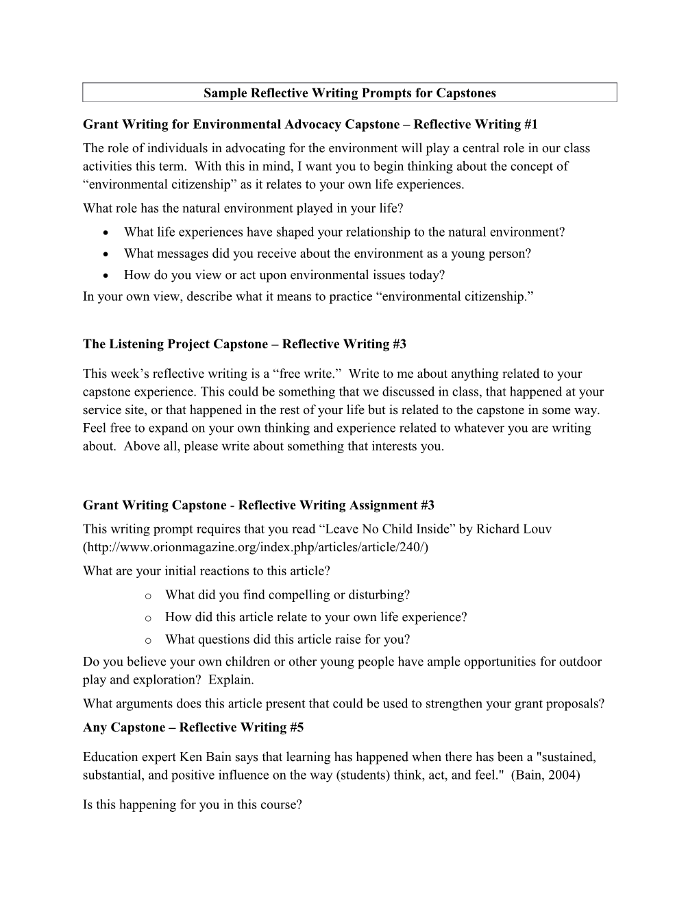 Sample Reflective Writing Prompts for Capstones