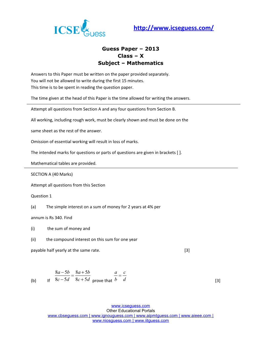 Guess Paper 2013 Class X Subject Mathematics