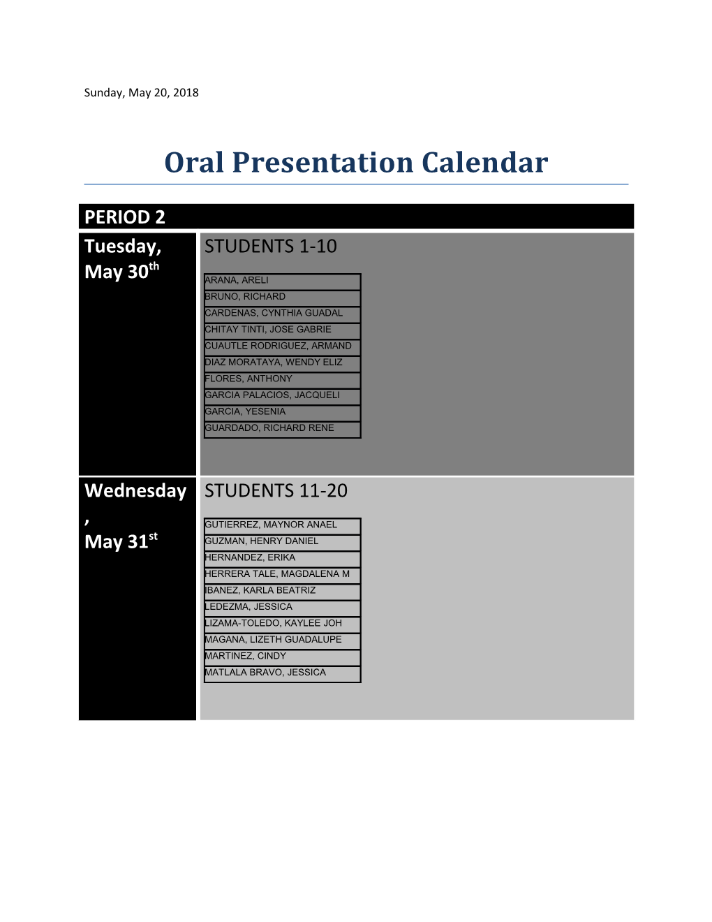 Oral Presentation Calendar
