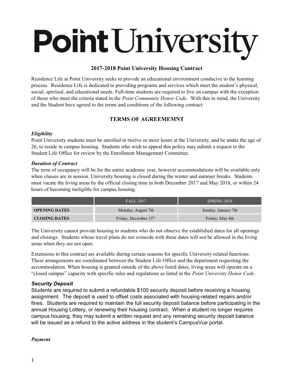 2017-2018 Point University Housing Contract