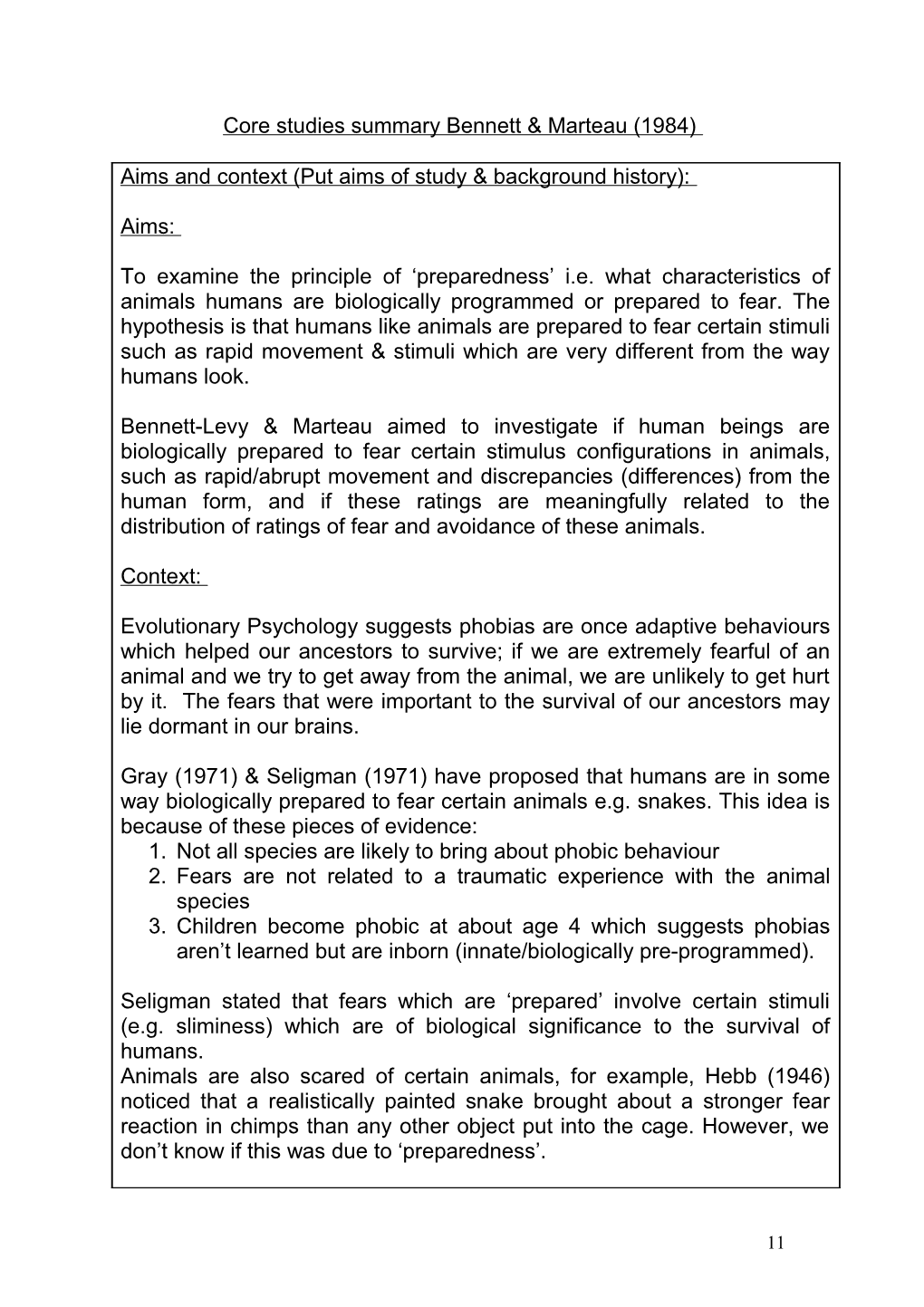 Core Studies Summary