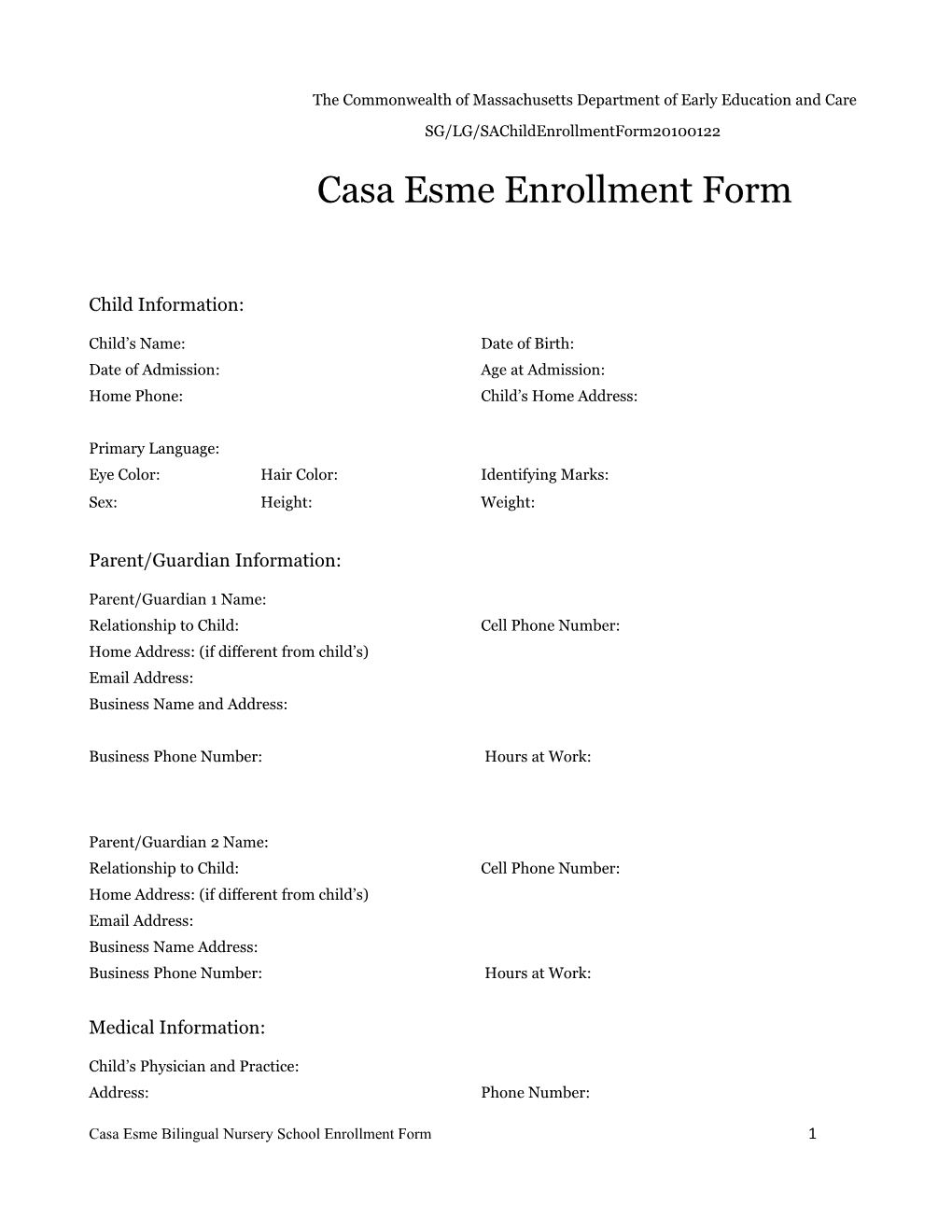 Casa Esme Enrollment Form