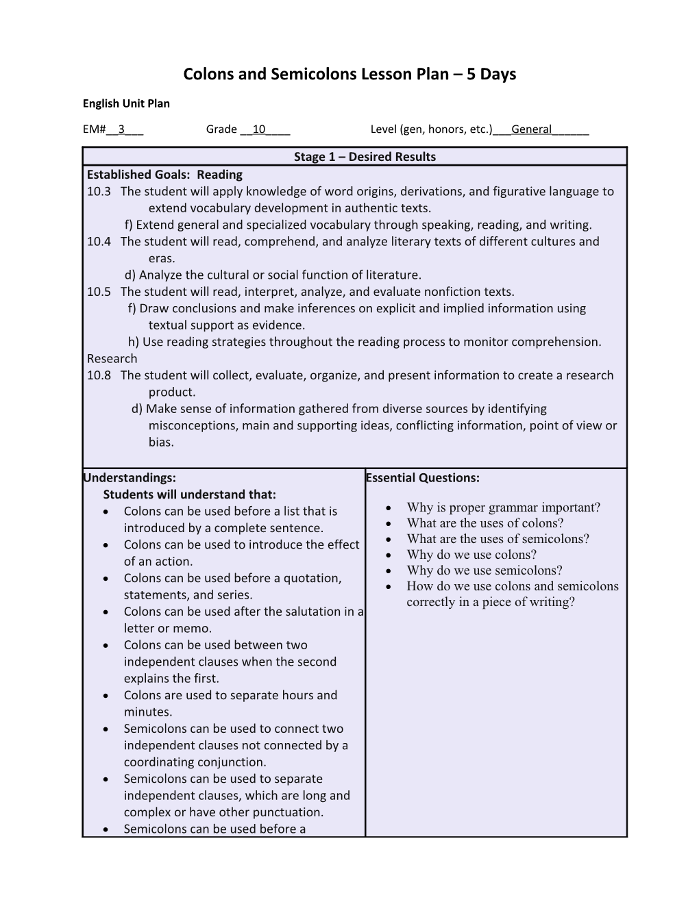 Colons and Semicolons Lesson Plan 5 Days