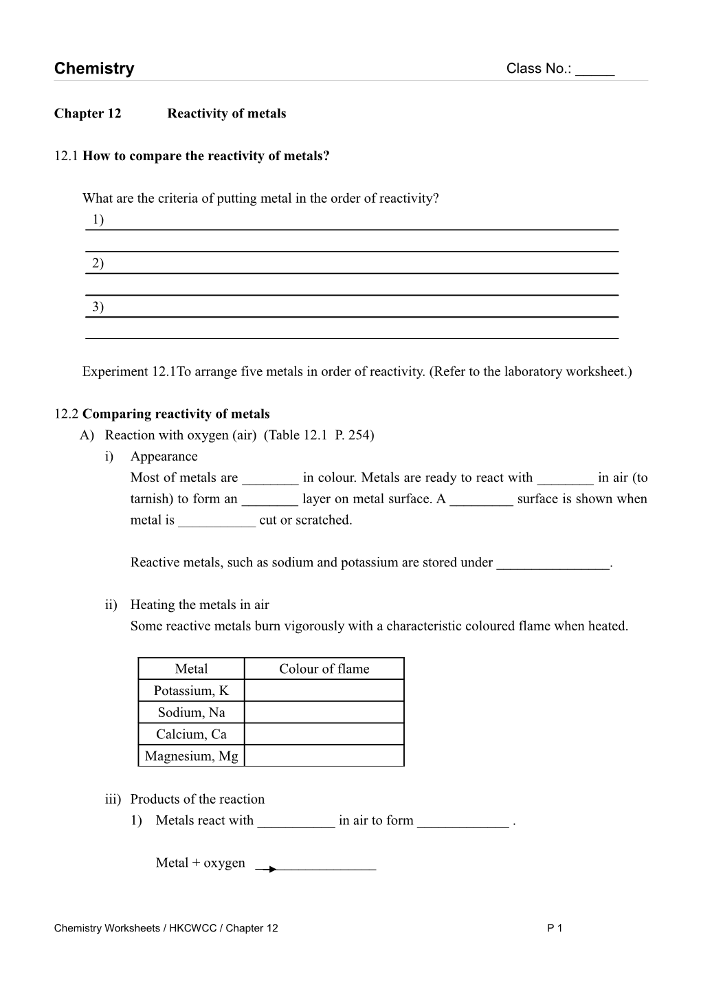 Chapter 12Reactivity of Metals